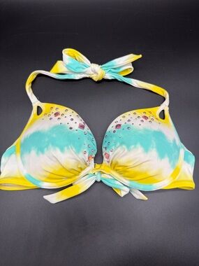 Victoria’s Secret Y2K Tie-Dye Yellow Teal Push Up Top with Rhinestones Sz 36 B